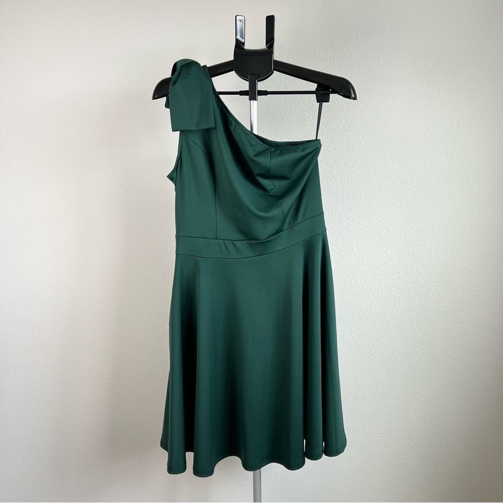 NWT Jasambac Green One Shoulder Bow‎ Dress Women L Emerald Cocktail Party